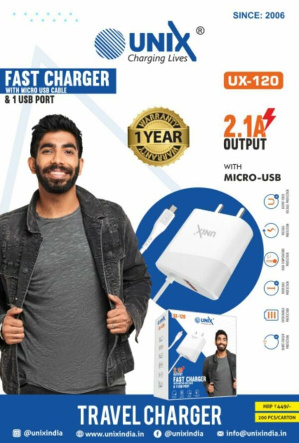 Unix UX-120 2.1A Fast Charger With Micro/v8 Usb Cable And 1 USB Port